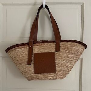 Loewe Natural Woven Straw Tote with Brown Leather Trim